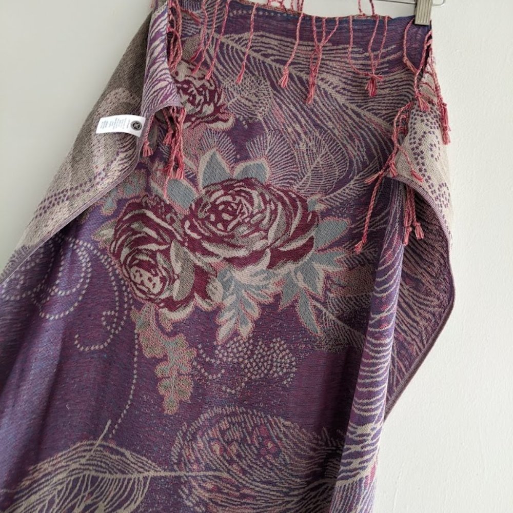Modern Expressions Purple/Pink Rose and Peacock Feather Scarf